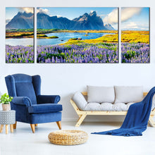 Load image into Gallery viewer, Batman Mountain Canvas Wall Art Southeastern Icelandic Scenery Canvas Print Purple Lupine Flowers Canvas Artwork Stokksnes Headland In Living Room

