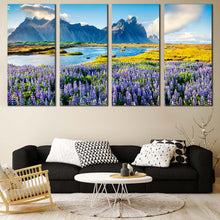 Load image into Gallery viewer, Batman Mountain Canvas Wall Art Southeastern Icelandic Scenery Canvas Print Purple Lupine Flowers Canvas Artwork Stokksnes Headland For Living room
