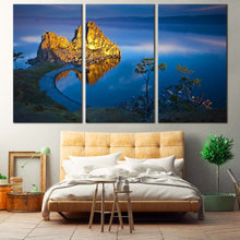Load image into Gallery viewer, Beach Cliff Canvas Wall Art Shaman Mountain Canvas Set Blue Lake Baikal Multi Canvas Artwork Yellow Ocean Mountains Cliff Landscape  3 Piece Canvas Print For Bedroom
