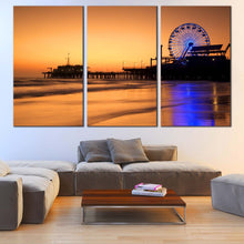 Load image into Gallery viewer, Beach Pier Canvas Wall Art Santa Monika Orange Ocean Sky  3 Piece Canvas Blue Neon lit Ferris Wheel Canvas Print Beautiful Ocean Beach Sunset Canvas Artwork For Living Room
