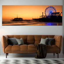 Load image into Gallery viewer, Beach  Pier  Canvas  Wall  Art  Santa  Monika  Orange  Ocean  Sky  Living  Room  Panoramic  Canvas  Blue  Neon  lit  Ferris  Wheel  Canvas  Print  Beautiful  Ocean  Beach  Sunset  Canvas  Artwork In Living Room
