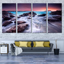 Load image into Gallery viewer, Beach Rocks Canvas Wall Art Brown Ocean Rocks Multi Canvas Artwork Blue Australian Ocean  4 Piece Canvas Print In Living room
