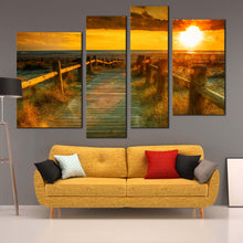 Load image into Gallery viewer, Beach Sunset Canvas Wall Art Orange Yellow Cloudy Sky 4 Piece Canvas Print  Ocean Beach Multi Canvas 
