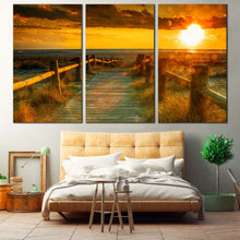 Load image into Gallery viewer, Beach Sunset Canvas Wall Art Orange Yellow Cloudy Sky  3 Piece Canvas Print Ocean Beach Multi Canvas For Bedroom
