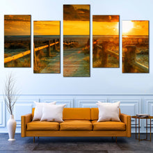 Load image into Gallery viewer, Beach Sunset Canvas Wall Art Orange Yellow Cloudy Sky  5 Piece Canvas Print Ocean Beach Multi Canvas For Living Room
