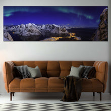 Load image into Gallery viewer, Beach  Village  Canvas  Print  White  Snowy  Mountains  Aurora  Seascape  Living  Room  1  Piece  Canvas  Wall  Art  Blue  Sky  Northern  Lights  Living  Room  Panoramic  Canvas  Artwork For Living Room
