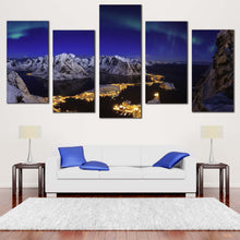 Load image into Gallery viewer, Beach Village Canvas Print White Snowy Mountains Aurora Seascape  5 Piece Canvas Set Blue Sky Northern Lights Multi Panel Canvas For Your Living Room
