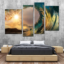 Load image into Gallery viewer, Beach Wave Canvas Wall Art Yellow Clouds Sunset With Wave  4 Piece Canvas Print For Bedroom
