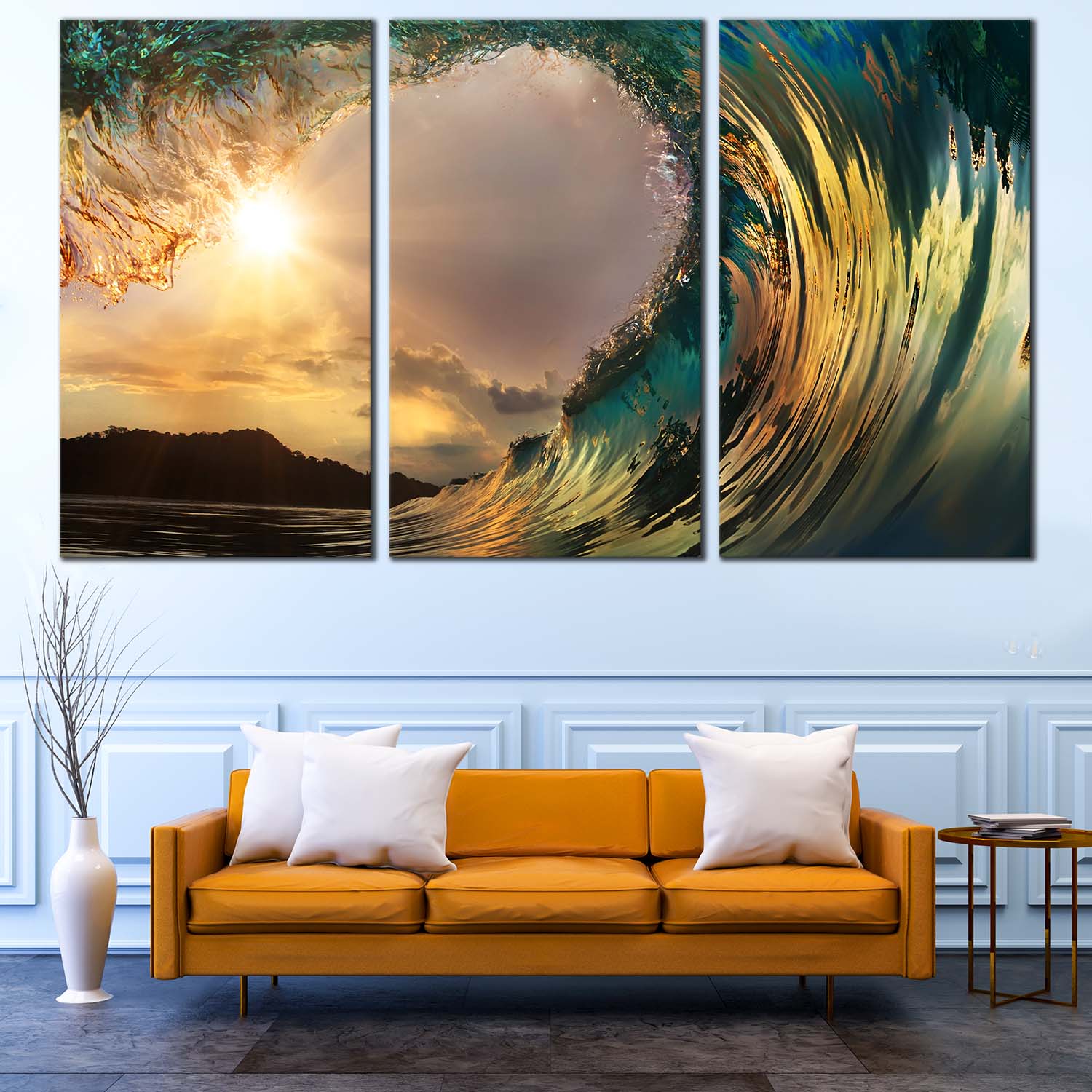 Ocean Waves Canvas Wall Art, Green Beach Wave 3 Piece Canvas – Grandwallart