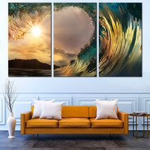 Load image into Gallery viewer, Beach Wave Canvas Wall Art Yellow Clouds Sunset With Wave  3 Piece Canvas Print Green Ocean Waves Canvas In Living Room
