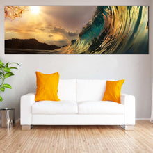 Load image into Gallery viewer, Beach  Wave  Canvas  Wall  Art  Yellow  Clouds  Sunset  With  Wave  Living  Room  Panorama  Canvas  Print  Green  Ocean  Waves  Wide  Canvas For Living Room
