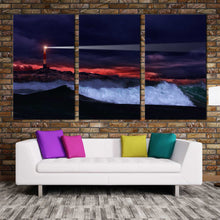 Load image into Gallery viewer, Beach and Lighthouse beam stormy ocean canvas prints In Living room
