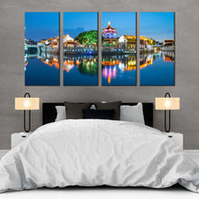 Load image into Gallery viewer, Beautiful City Canvas Wall Art Colorful City Lights Landscape 4 Piece Multi Canvas Artwork City Water Reflection Canvas Print For Bedroom
