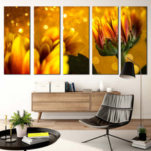 Load image into Gallery viewer, Beautiful Floral Canvas Wall Art Golden Abstract Flower 5 Piece Canvas Yellow Chrysanthemum Flowers Canvas Art Print In Living Room
