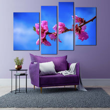 Load image into Gallery viewer, Beautiful Floral Canvas Wall Art Pink Blossoming Branch 4 Piece Canvas Set Blue Sky Flowers Canvas Print in living room
