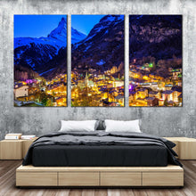 Load image into Gallery viewer, Beautiful Landscape Canvas Wall Art Blue Switzerland Mountain 3 Piece Canvas Print Yellow Town Lights Mountain Multiple Canvas For Bedroom
