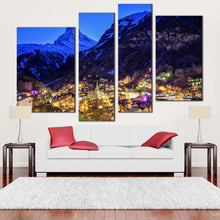 Load image into Gallery viewer, Beautiful Landscape Canvas Wall Art Blue Switzerland Mountain 4 Piece Canvas Print Yellow Town Lights Mountain Multiple Canvas
