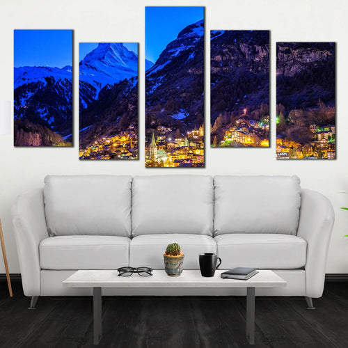 Beautiful Landscape Canvas Wall Art Blue Switzerland Mountain 5 Piece Canvas Print Yellow Town Lights Mountain Multiple Canvas For Living room