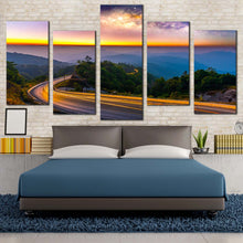 Load image into Gallery viewer, Beautiful Mountains Canvas Wall Art Blue Mountain Scenery 5 Piece Canvas Print Green Trees Light Trail Landscape Multiple Canvas For Bedroom
