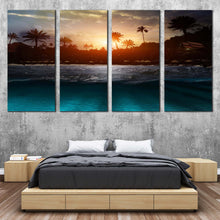 Load image into Gallery viewer, Beautiful Beach Canvas Wall Art Yellow Sunset Sky  4 Piece Canvas Scenery Trees Canvas Set Grey Sea Waves Ocean Beach Canvas Print For Bedroom
