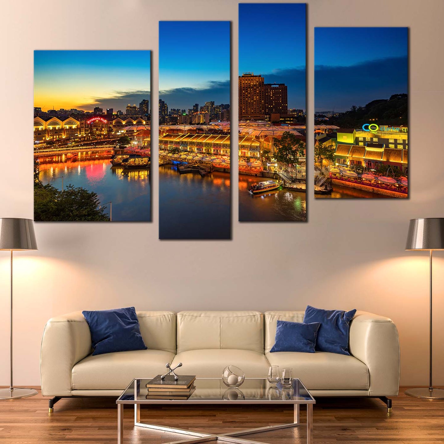 Beautiful Cityscape Canvas Wall Art Blue Sky Harbors Canals Seascape 4 Piece Multiple Canvas Yellow Singapore City View Reflection Canvas Print 