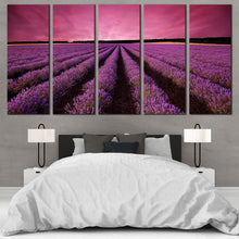 Load image into Gallery viewer, Beautiful Fields Canvas Print Black Valensole Plateau Landscape Canvas Set Purple Lavender Fields Scenery  5 Piece Canvas Wall Art For Bedroom
