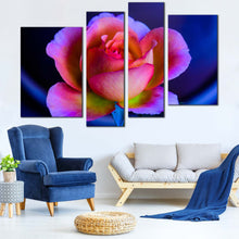 Load image into Gallery viewer, Beautiful Floral Canvas Wall Art Blue Background Rose 4 Piece Multi Panel Canvas Pink Purple Rose Flower Canvas Print
