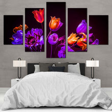 Load image into Gallery viewer, Beautiful  Flowers  Canvas  Wall  Art  Purple  Orange  Tulips  Floral    5  Piece  Canvas  Blue  Tulips  Flowers  Dark  Background  Canvas  Print For Bedroom
