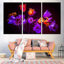 Load image into Gallery viewer, Beautiful Flowers Canvas Wall Art Purple Orange Tulips Floral  3 Piece Canvas Blue Tulips Flowers Dark Background Canvas Print For Living Room
