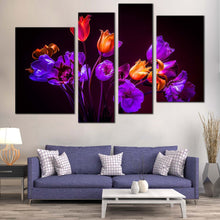 Load image into Gallery viewer, Beautiful Flowers Canvas Wall Art Purple Orange Tulips Floral  4 Piece Canvas Blue Tulips Flowers Dark Background Canvas Print For Living Room
