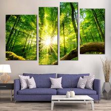 Load image into Gallery viewer, Beautiful Forest Canvas Wall Art Tranquil Scenery Green Forest 4 Piece Canvas Print Yellow Sun Casting Forest  Canvas Set
