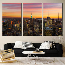 Load image into Gallery viewer, Beautiful Manhattan lights reflection in lake New York 3 piece canvas artwork In Living Room
