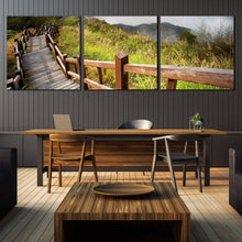 Load image into Gallery viewer, Beautiful  Nature  Canvas  Wall  Art  Green  Scenery  Wooden  Path  Dining  Room  3  Piece  Canvas  Print  Grey  Mountain  Sky  Triptych  Multi  Canvas For Dining Room
