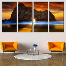 Load image into Gallery viewer, Beautiful Ocean Canvas Wall Art Orange Sunset Ocean Rocks Canvas Print Burns State Park Keyhole Rock Canvas Set Yellow Sunlight Shining Through Rock In Living room
