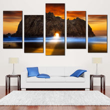 Load image into Gallery viewer, Beautiful Ocean Canvas Wall Art Orange Sunset Ocean Rocks Canvas Print Burns State Park Keyhole Rock Canvas Set Yellow Sunlight Shining Through Rock For Living Room
