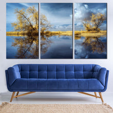 Load image into Gallery viewer, Beautiful Scenery Canvas Wall Art Cloudy Blue Sky Scenery Canvas Print Green Trees lake Reflection Scenery 3 Piece Multiple Canvas For Living room
