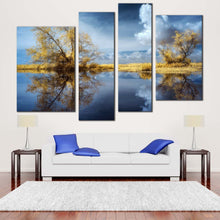 Load image into Gallery viewer, Beautiful Scenery Canvas Wall Art Cloudy Blue Sky Scenery Canvas Print Green Trees lake Reflection Scenery 4 Piece Multiple Canvas
