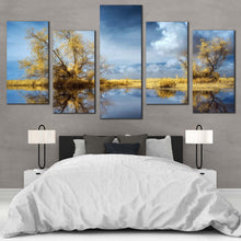 Load image into Gallery viewer, Beautiful Scenery Canvas Wall Art Cloudy Blue Sky Scenery Canvas Print Green Trees lake Reflection Scenery 5 Piece Multiple Canvas
