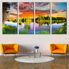 Load image into Gallery viewer, Beautiful Scenery Canvas Wall Art Grand Teton Orange Cloudy Sky Canvas Print Wyoming Green Trees Landscape 4 Piece Multi Canvas In Living room
