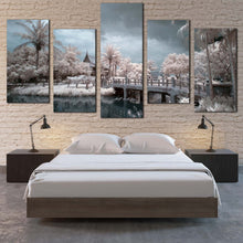 Load image into Gallery viewer, Beautiful Scenery Canvas Wall Art Grey Cloudy Sky  5 Piece CanvasPrint Thailand Temple Water Bridge Multiple Canvas Wat Chalerm White Trees Canvas Set For Bedroom
