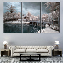 Load image into Gallery viewer, Beautiful Scenery Canvas Wall Art Grey Cloudy Sky  3 Piece Canvas Print Thailand Temple Water Bridge Multiple Canvas Wat Chalerm White Trees Canvas Set For Living Room
