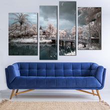 Load image into Gallery viewer, Beautiful Scenery Canvas Wall Art Grey Cloudy Sky  4 Piece Canvas Print Thailand Temple Water Bridge Multiple Canvas Wat Chalerm White Trees Canvas Set
