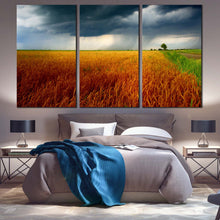 Load image into Gallery viewer, Beautiful Scenery Canvas Wall Art Orange Green Grain Fields  3 Piece Canvas Print Grey Storm Clouds Multi Canvas For Bedroom
