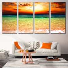 Load image into Gallery viewer, Beautiful Sea Canvas Wall Art Green Seascape Canvas Print Ocean Sky Canvas Print Orange Cloudy Sunset  4 Piece Canvas For Living room
