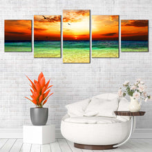 Load image into Gallery viewer, Beautiful Sea Canvas Wall Art Green Seascape Canvas Print Ocean Sky Canvas Print Orange Cloudy Sunset  5 Piece Canvas For Living Room
