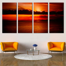 Load image into Gallery viewer, Beautiful Sea Canvas Wall Art Orange Sunset Behind Clouds Canvas Print Red Ocean Sky  4 Piece Canvas Set For Living room
