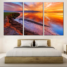 Load image into Gallery viewer, Beautiful Seascape Canvas Wall Art Yellow Sky Beach  3 Piece Canvas Print Orange Ocean Beach Multi Canvas Artwork In Bedroom
