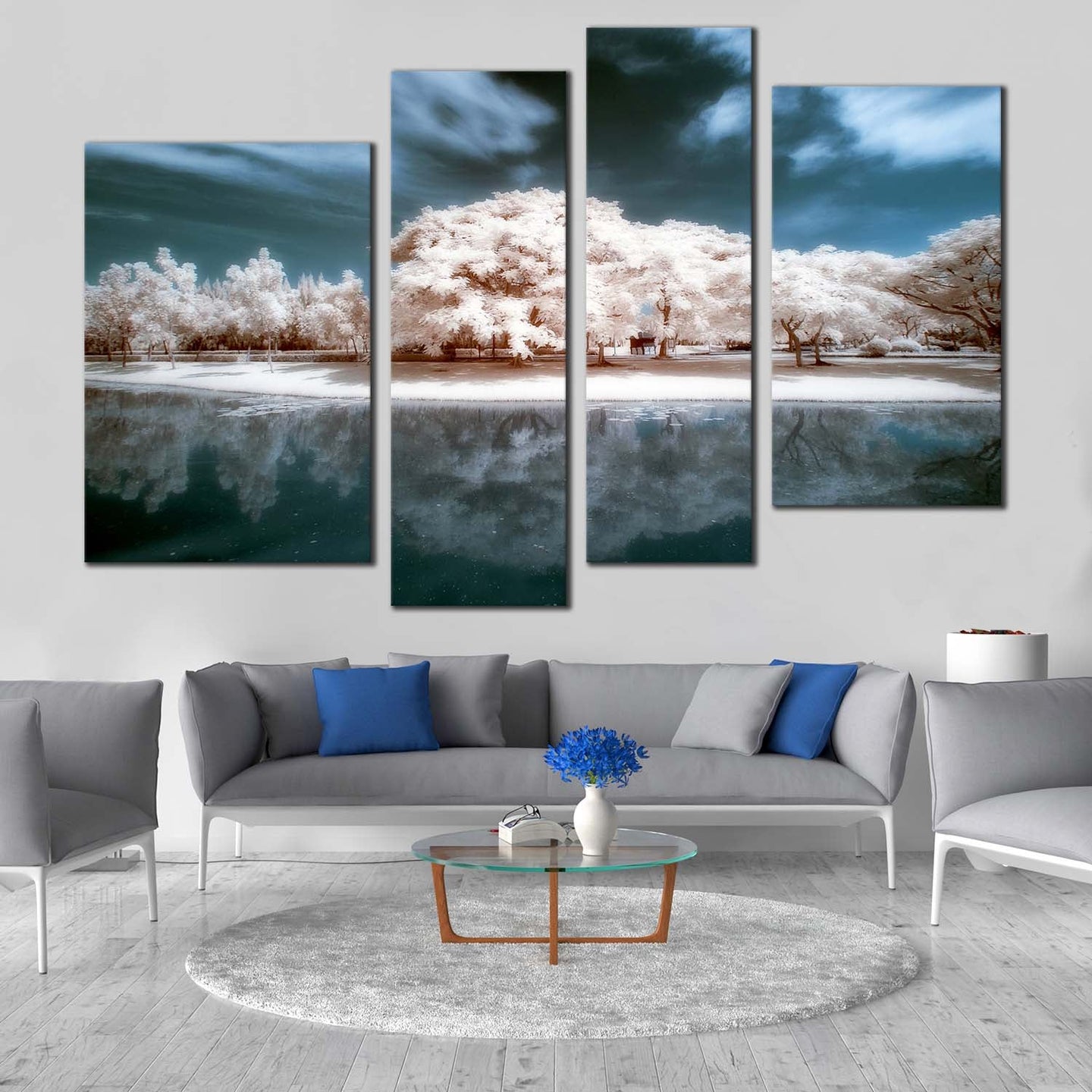 Beautiful Trees Canvas Wall Art Bangkok Blue Clouds Sky Multi Canvas Thailand White Trees Water Reflection  4 Piece Canvas Print 