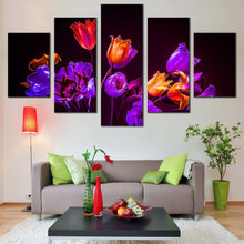 Load image into Gallery viewer, Beautiful  Tulips  Canvas  Print  Orange  Floral  Dark  Background  Multiple  Canvas  Blue  Purple  Tulips  Flowers  Living  Room  5  Piece  Canvas  Wall  Art For Living Room
