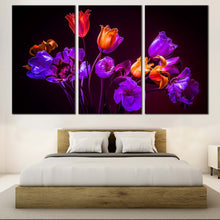 Load image into Gallery viewer, Beautiful Tulips Canvas Print Orange Floral Dark Background Triptych Multiple Canvas Blue Purple Tulips Flowers  3 Piece Canvas Wall Art For Bedroom
